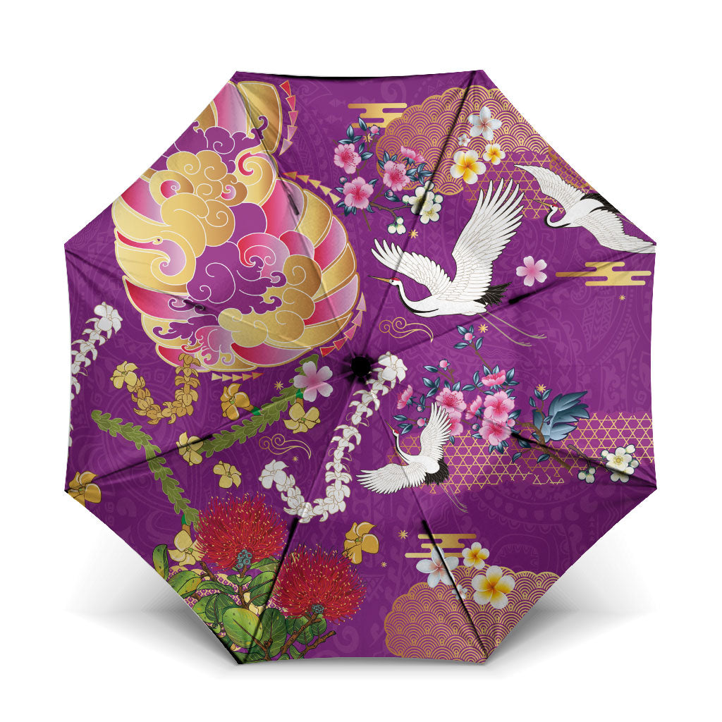 Hawaiian and Japanese Culture Together Umbrella Kakau Tribal Pattern and Irezumi Art Purple Color