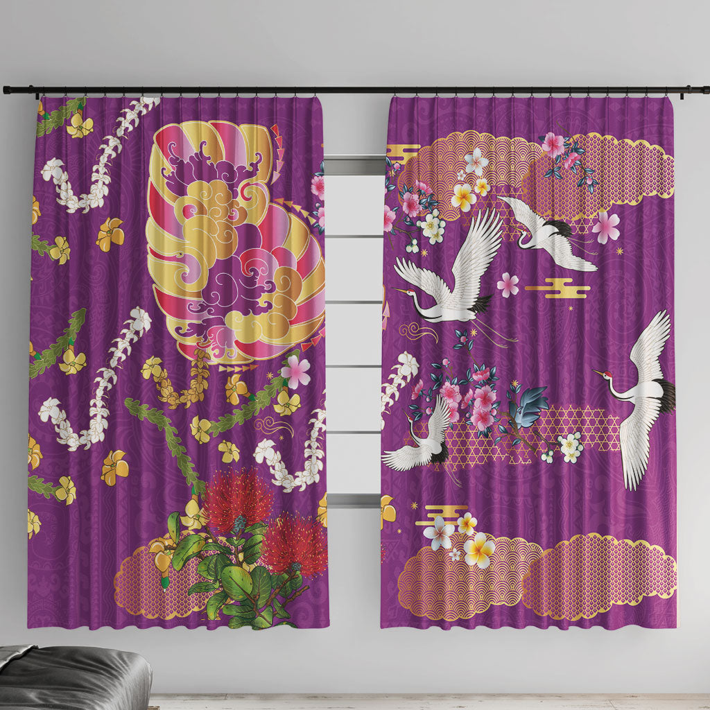 Hawaiian and Japanese Culture Together Window Curtain Kakau Tribal Pattern and Irezumi Art Purple Color LT03 With Hooks Purple - Polynesian Pride