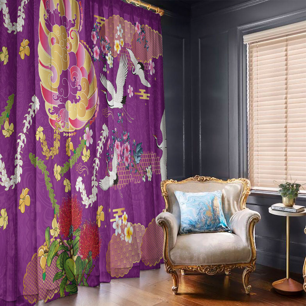 Hawaiian and Japanese Culture Together Window Curtain Kakau Tribal Pattern and Irezumi Art Purple Color