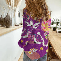 Hawaiian and Japanese Culture Together Women Casual Shirt Kakau Tribal Pattern and Irezumi Art Purple Color