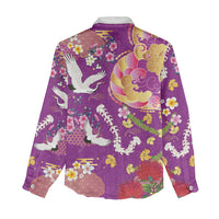 Hawaiian and Japanese Culture Together Women Casual Shirt Kakau Tribal Pattern and Irezumi Art Purple Color