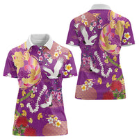 Hawaiian and Japanese Culture Together Women Polo Shirt Kakau Tribal Pattern and Irezumi Art Purple Color
