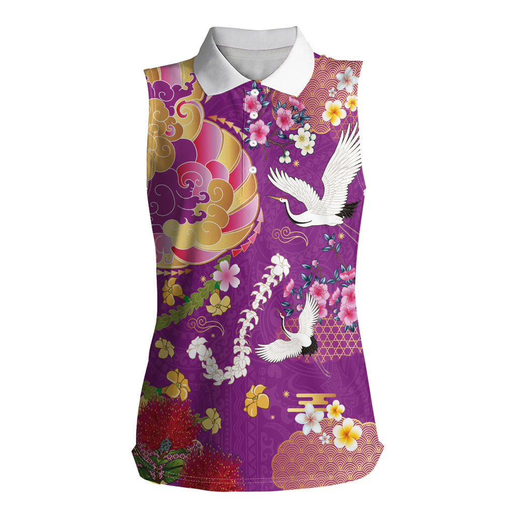 Hawaiian and Japanese Culture Together Women Sleeveless Polo Shirt Kakau Tribal Pattern and Irezumi Art Purple Color LT03 Female Purple - Polynesian Pride