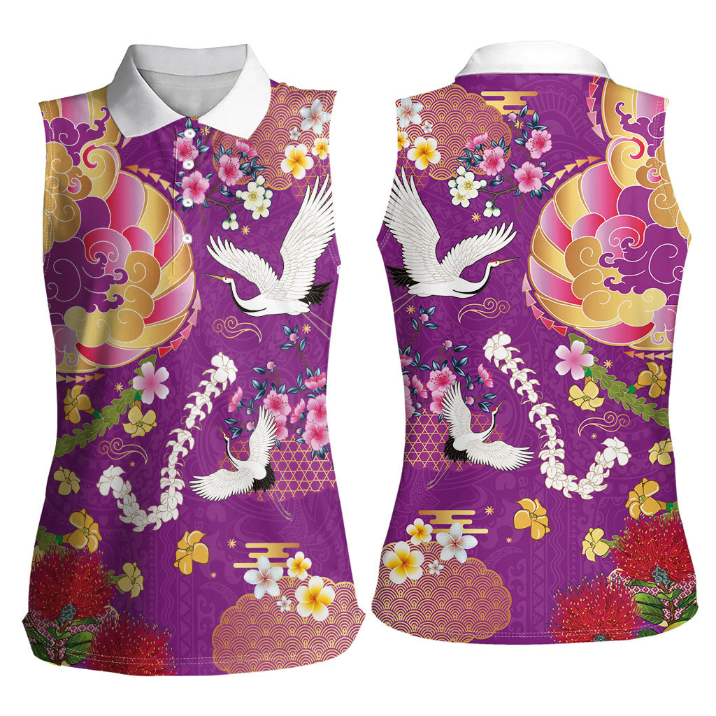 Hawaiian and Japanese Culture Together Women Sleeveless Polo Shirt Kakau Tribal Pattern and Irezumi Art Purple Color