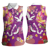 Hawaiian and Japanese Culture Together Women Sleeveless Polo Shirt Kakau Tribal Pattern and Irezumi Art Purple Color