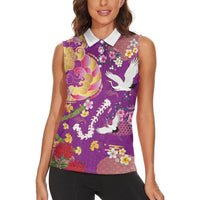 Hawaiian and Japanese Culture Together Women Sleeveless Polo Shirt Kakau Tribal Pattern and Irezumi Art Purple Color