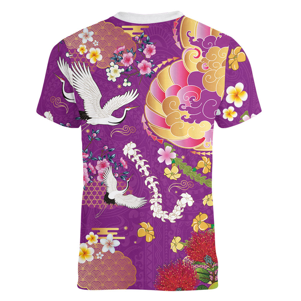 Hawaiian and Japanese Culture Together Women V-Neck T-Shirt Kakau Tribal Pattern and Irezumi Art Purple Color