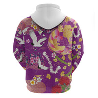 Hawaiian and Japanese Culture Together Zip Hoodie Kakau Tribal Pattern and Irezumi Art Purple Color