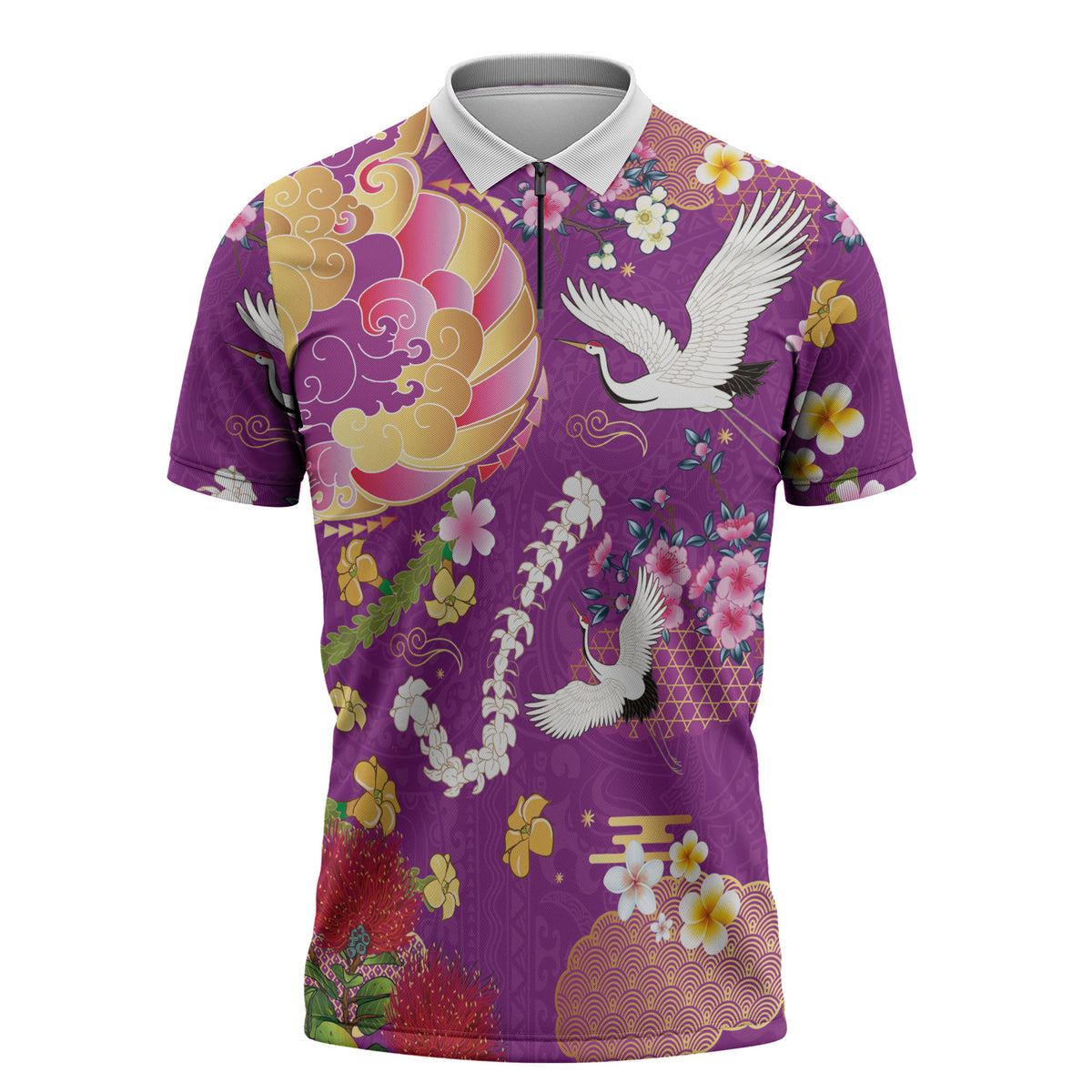 Hawaiian and Japanese Culture Together Zipper Polo Shirt Kakau Tribal Pattern and Irezumi Art Purple Color