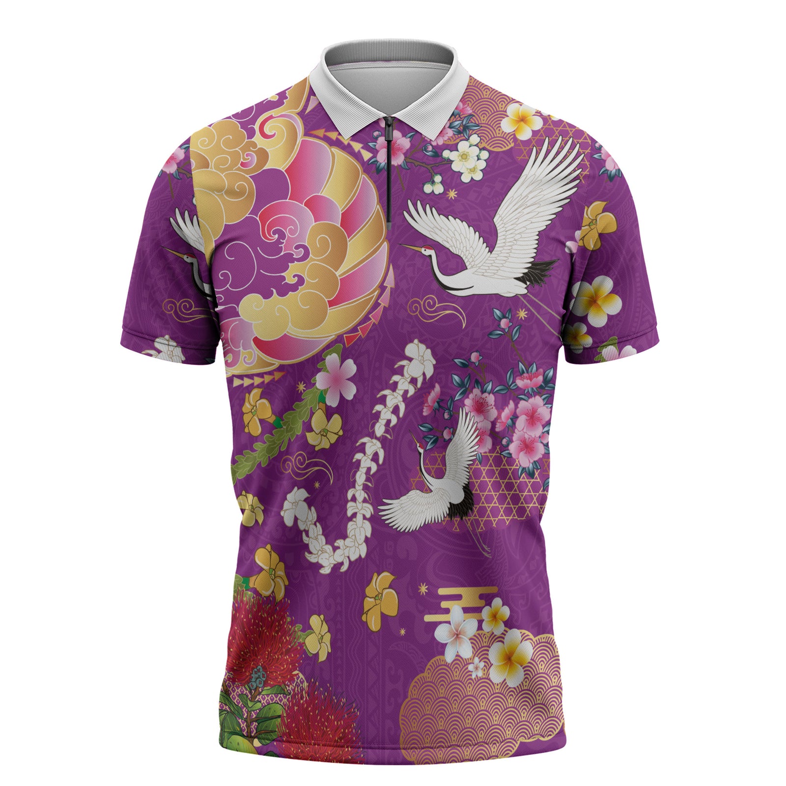 Hawaiian and Japanese Culture Together Zipper Polo Shirt Kakau Tribal Pattern and Irezumi Art Purple Color LT03 Purple - Polynesian Pride