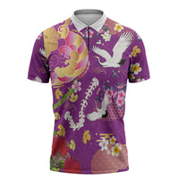 Hawaiian and Japanese Culture Together Zipper Polo Shirt Kakau Tribal Pattern and Irezumi Art Purple Color
