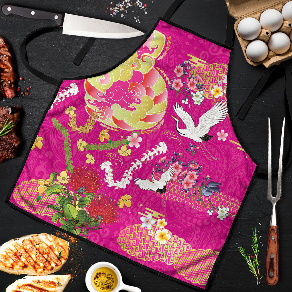 Hawaiian and Japanese Culture Together Apron Kakau Tribal Pattern and Irezumi Art Pink Color