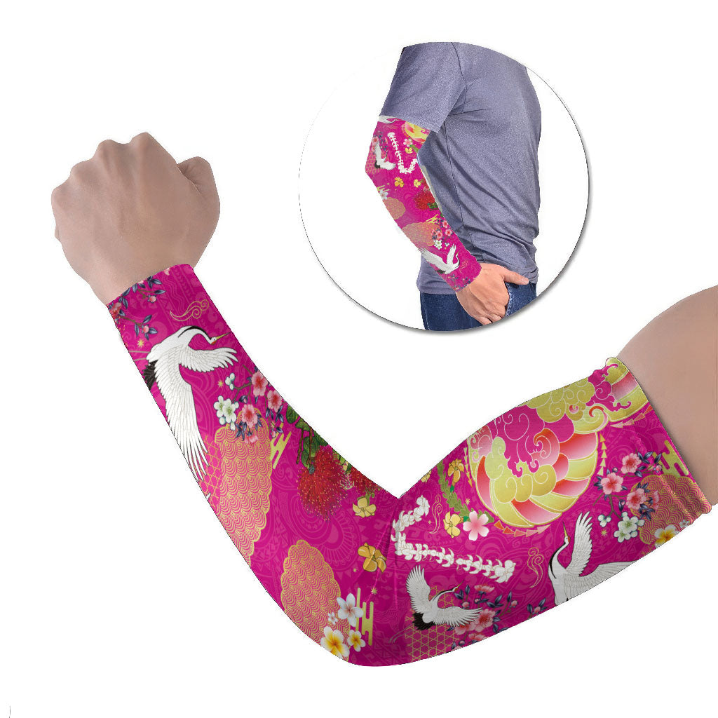 Hawaiian and Japanese Culture Together Arm Sleeves Kakau Tribal Pattern and Irezumi Art Pink Color