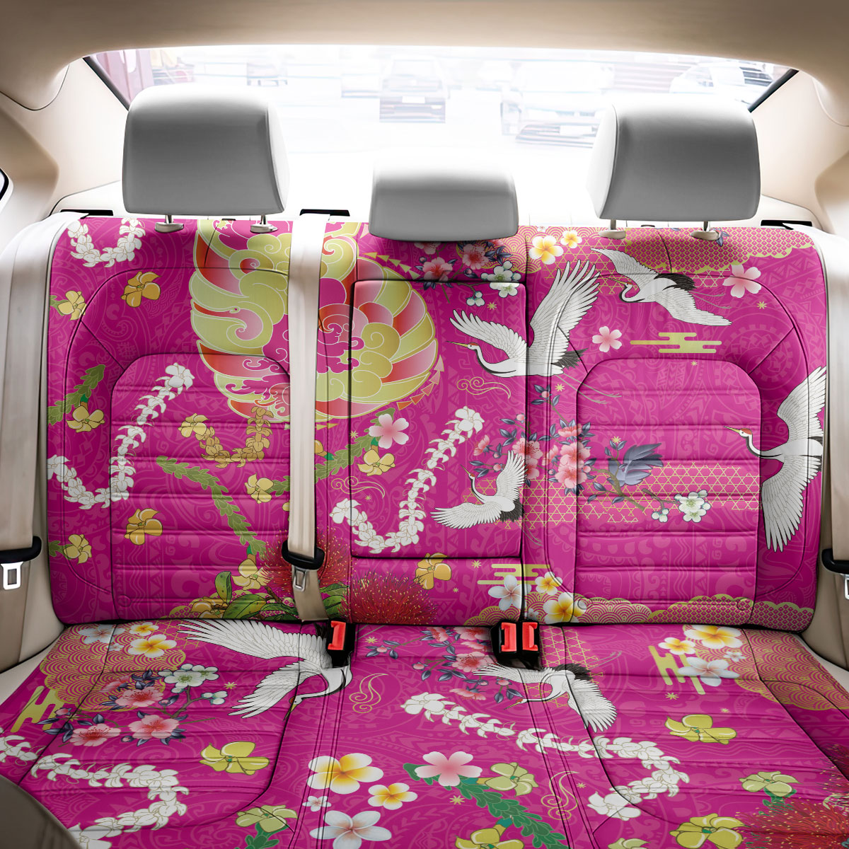 Hawaiian and Japanese Culture Together Back Car Seat Cover Kakau Tribal Pattern and Irezumi Art Pink Color