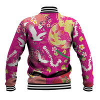 Hawaiian and Japanese Culture Together Baseball Jacket Kakau Tribal Pattern and Irezumi Art Pink Color