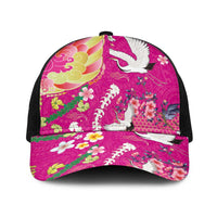 Hawaiian and Japanese Culture Together Baseball Net Cap Kakau Tribal Pattern and Irezumi Art Pink Color