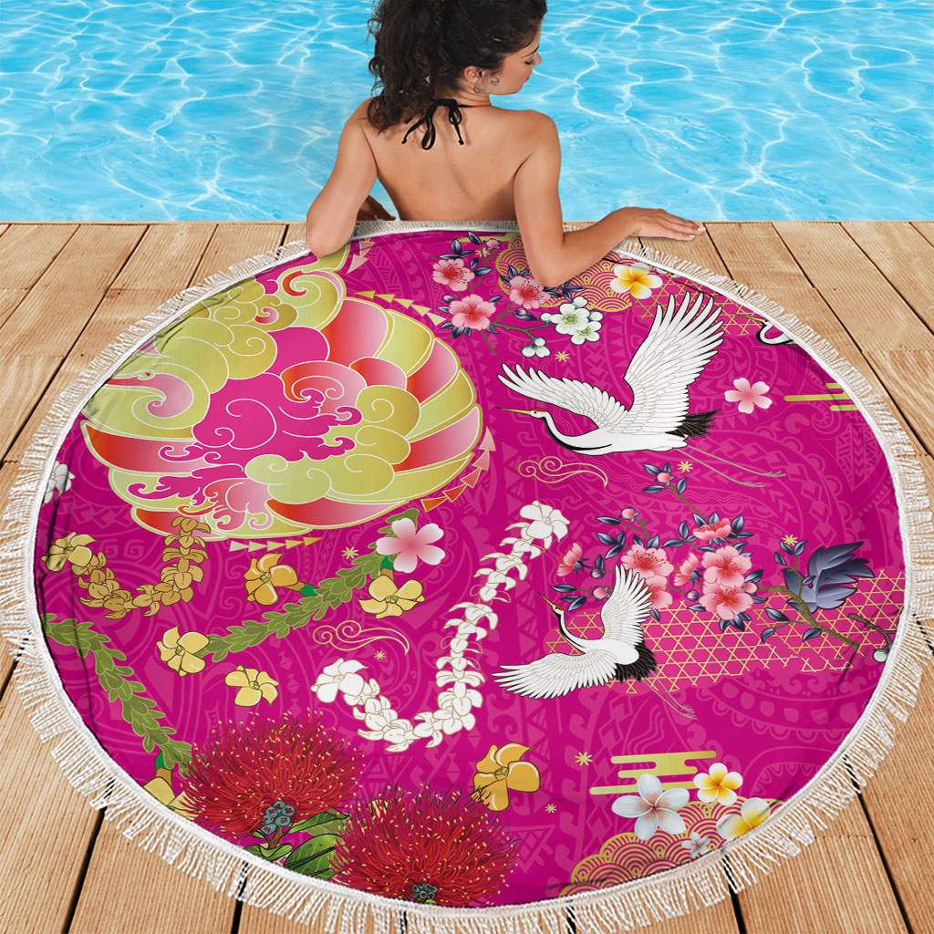 Hawaiian and Japanese Culture Together Beach Blanket Kakau Tribal Pattern and Irezumi Art Pink Color
