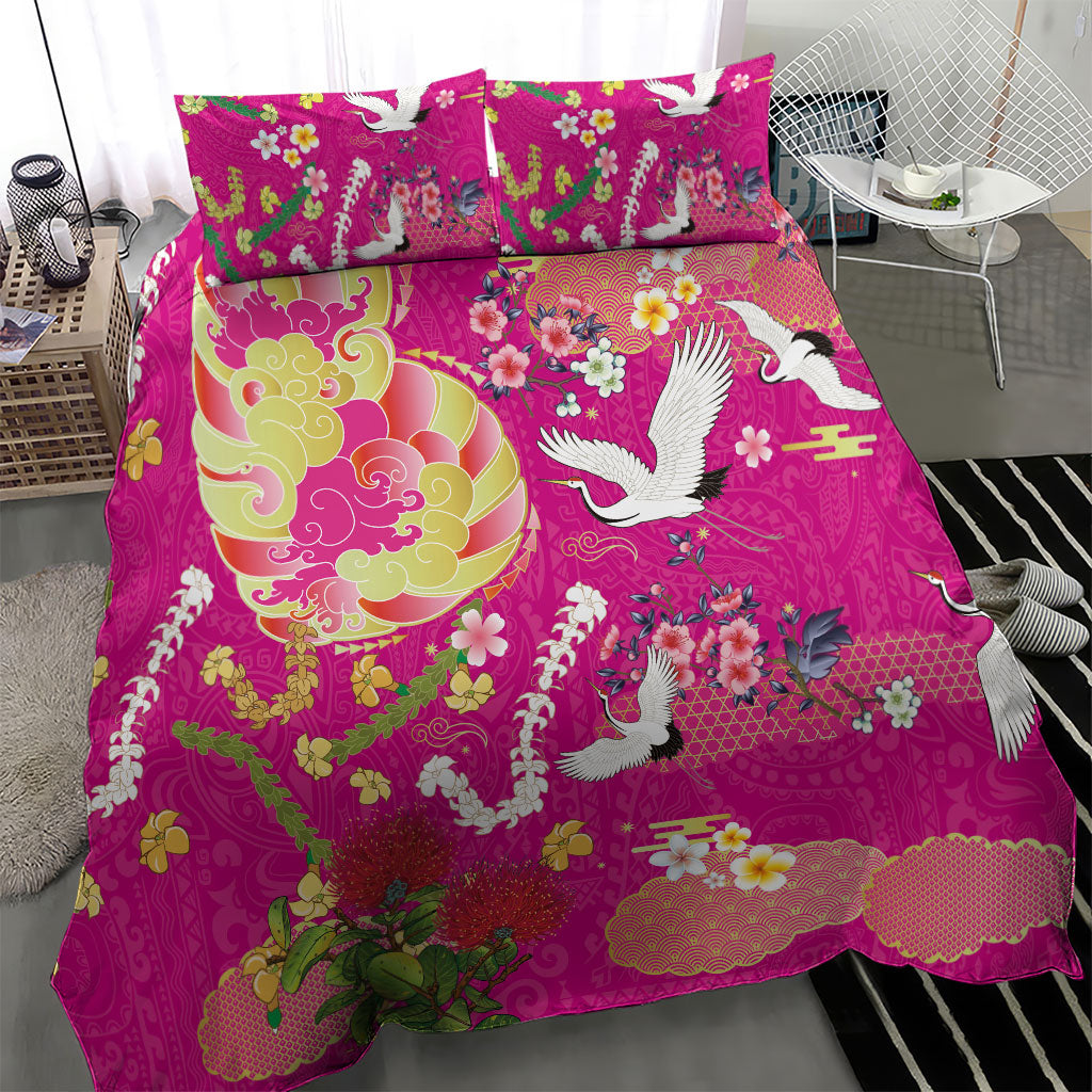 Hawaiian and Japanese Culture Together Bedding Set Kakau Tribal Pattern and Irezumi Art Pink Color