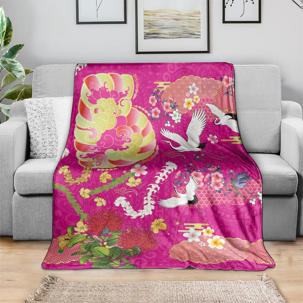 Hawaiian and Japanese Culture Together Blanket Kakau Tribal Pattern and Irezumi Art Pink Color