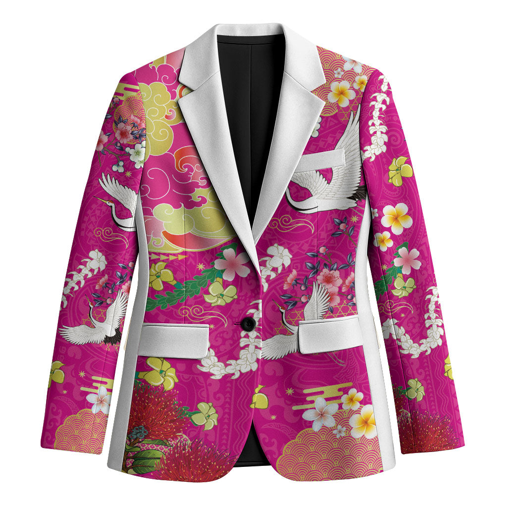 Hawaiian and Japanese Culture Together Blazer Kakau Tribal Pattern and Irezumi Art Pink Color