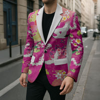Hawaiian and Japanese Culture Together Blazer Kakau Tribal Pattern and Irezumi Art Pink Color