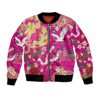Hawaiian and Japanese Culture Together Bomber Jacket Kakau Tribal Pattern and Irezumi Art Pink Color