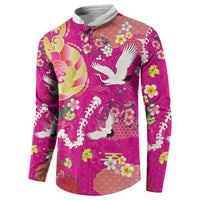 Hawaiian and Japanese Culture Together Button Sweatshirt Kakau Tribal Pattern and Irezumi Art Pink Color