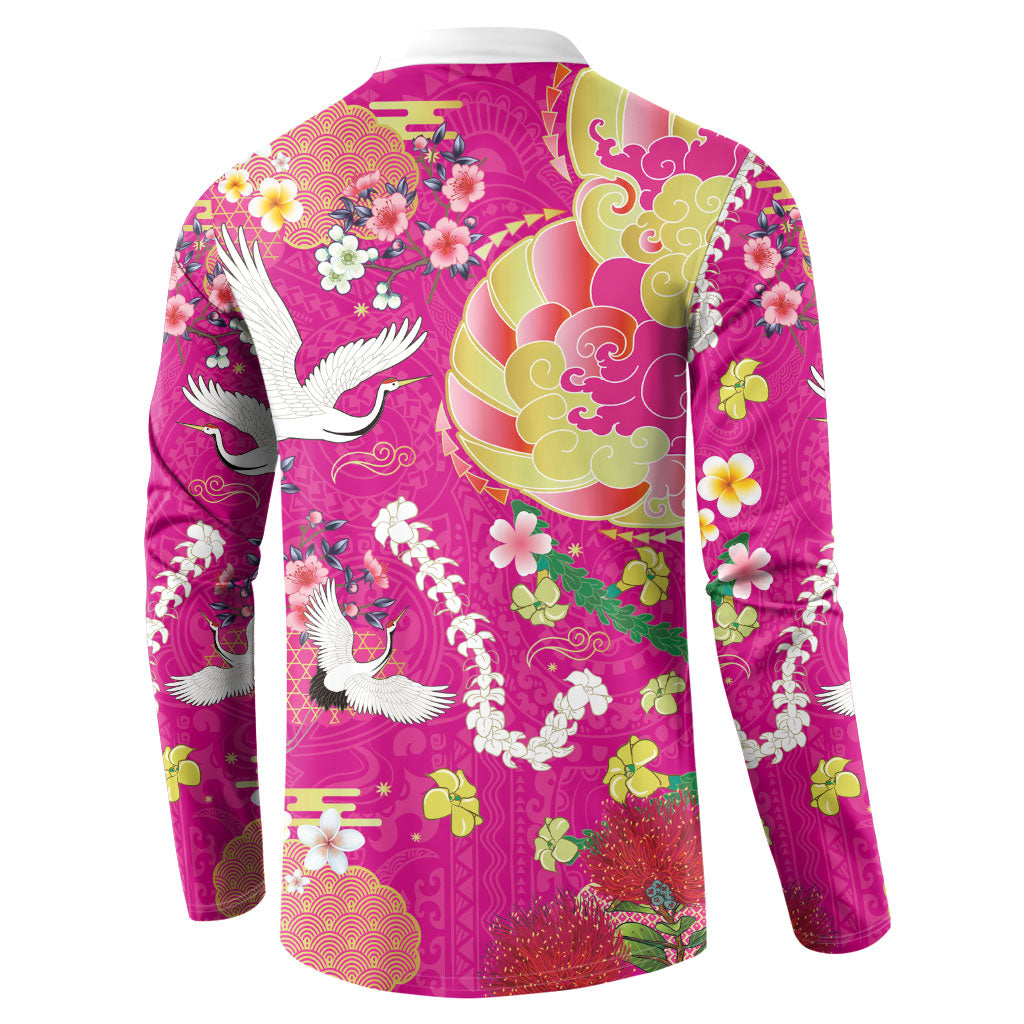 Hawaiian and Japanese Culture Together Button Sweatshirt Kakau Tribal Pattern and Irezumi Art Pink Color
