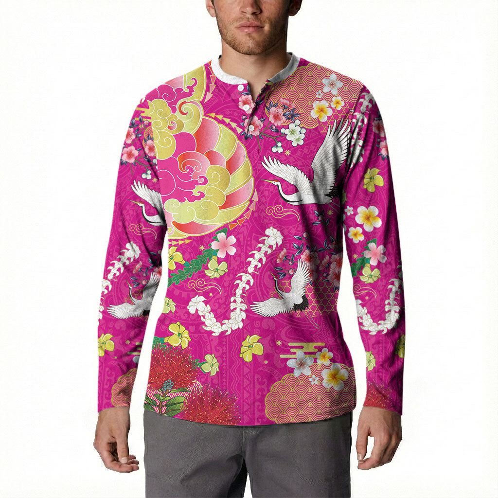 Hawaiian and Japanese Culture Together Button Sweatshirt Kakau Tribal Pattern and Irezumi Art Pink Color