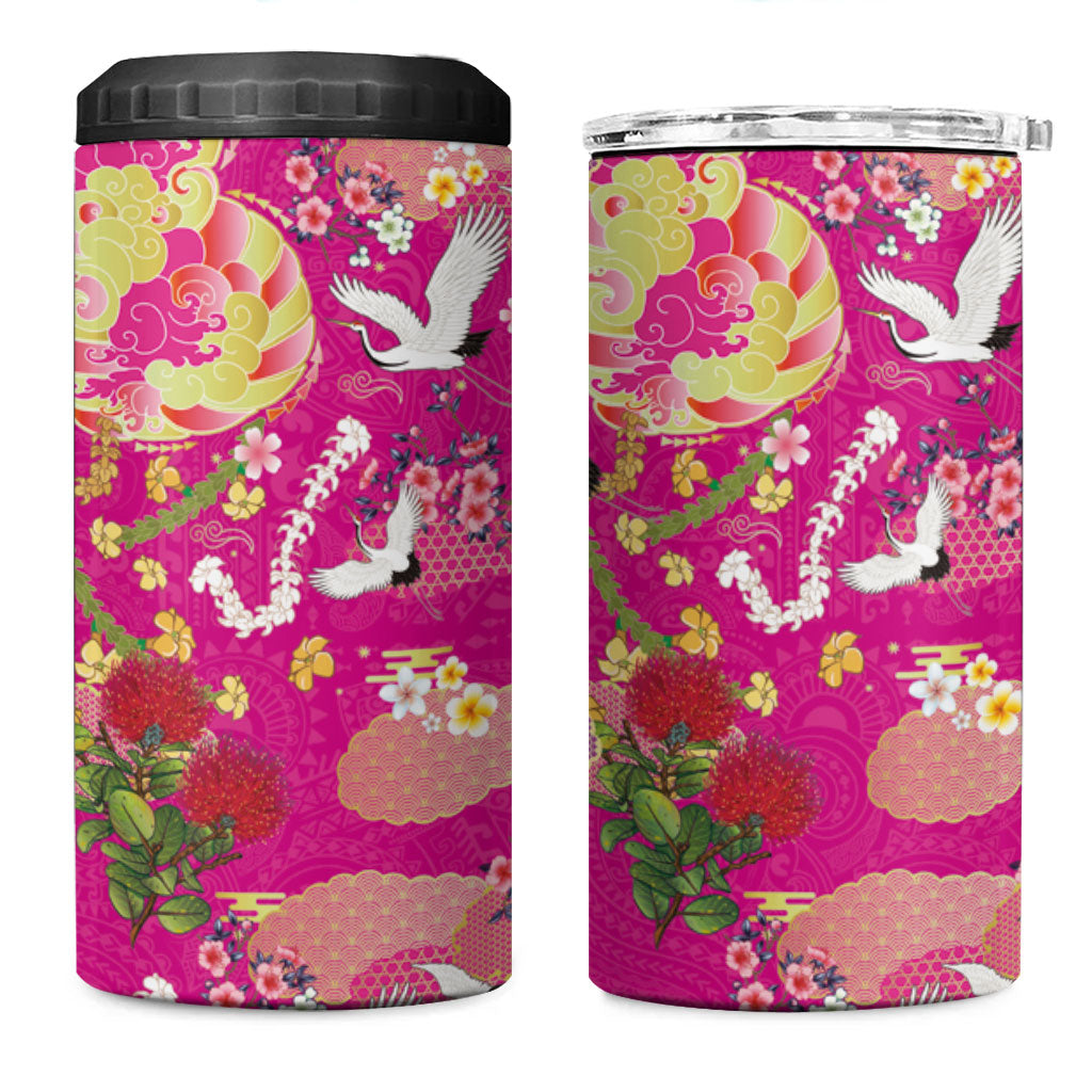 Hawaiian and Japanese Culture Together 4 in 1 Can Cooler Tumbler Kakau Tribal Pattern and Irezumi Art Pink Color