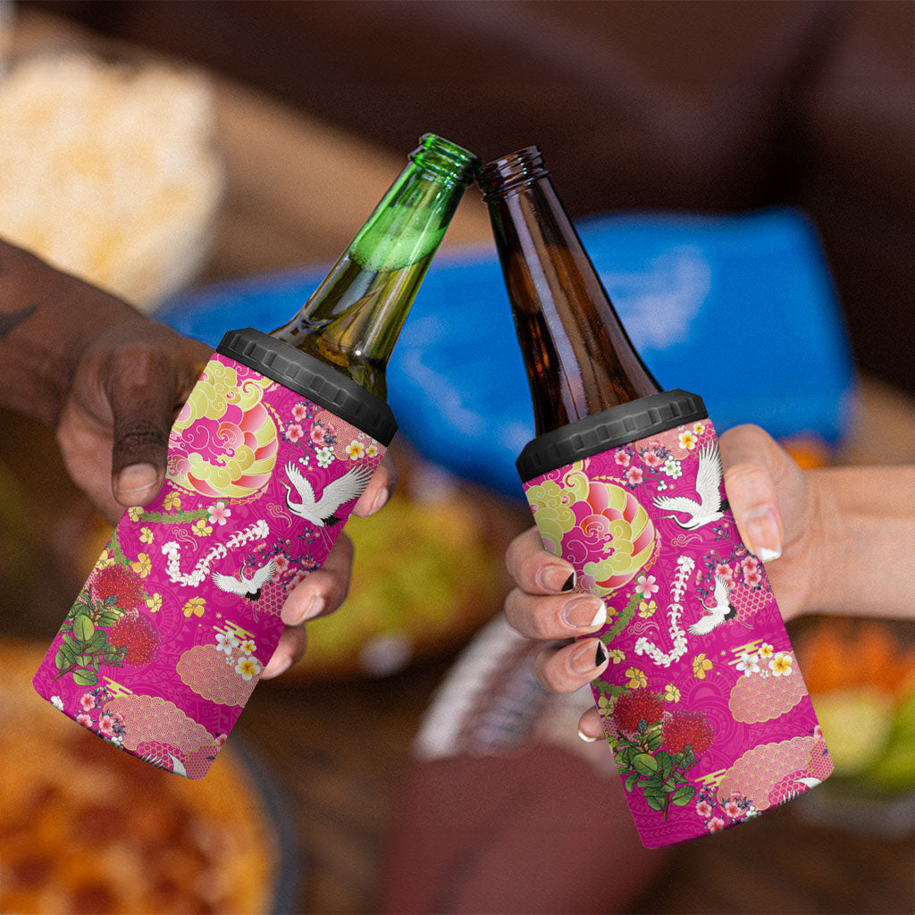 Hawaiian and Japanese Culture Together 4 in 1 Can Cooler Tumbler Kakau Tribal Pattern and Irezumi Art Pink Color