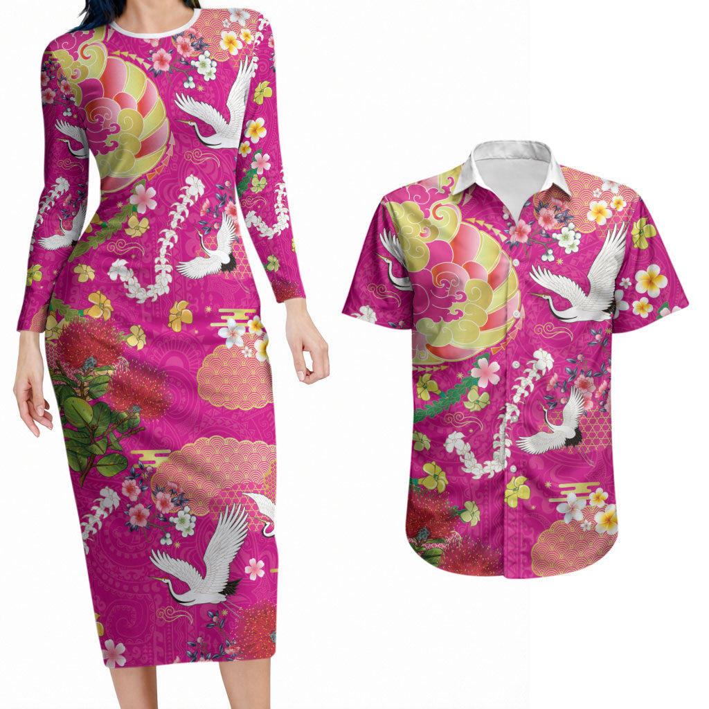 Hawaiian and Japanese Culture Together Couples Matching Long Sleeve Bodycon Dress and Hawaiian Shirt Kakau Tribal Pattern and Irezumi Art Pink Color LT03 Pink - Polynesian Pride