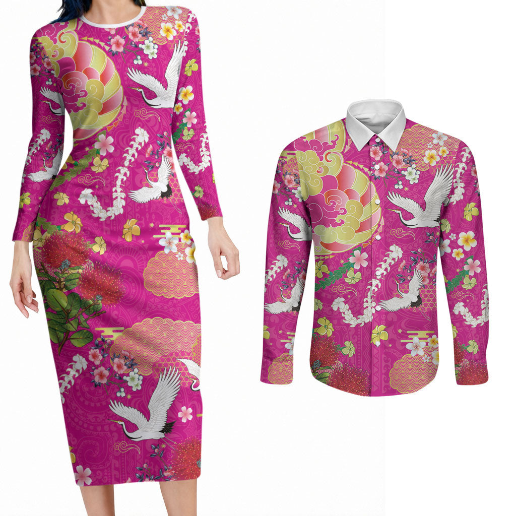 Hawaiian and Japanese Culture Together Couples Matching Long Sleeve Bodycon Dress and Long Sleeve Button Shirt Kakau Tribal Pattern and Irezumi Art Pink Color