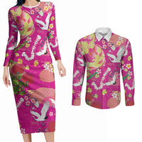 Hawaiian and Japanese Culture Together Couples Matching Long Sleeve Bodycon Dress and Long Sleeve Button Shirt Kakau Tribal Pattern and Irezumi Art Pink Color