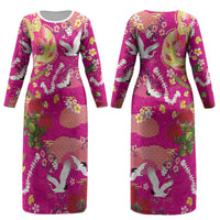 Hawaiian and Japanese Culture Together Couples Matching Long Sleeve Bodycon Dress and Long Sleeve Button Shirt Kakau Tribal Pattern and Irezumi Art Pink Color