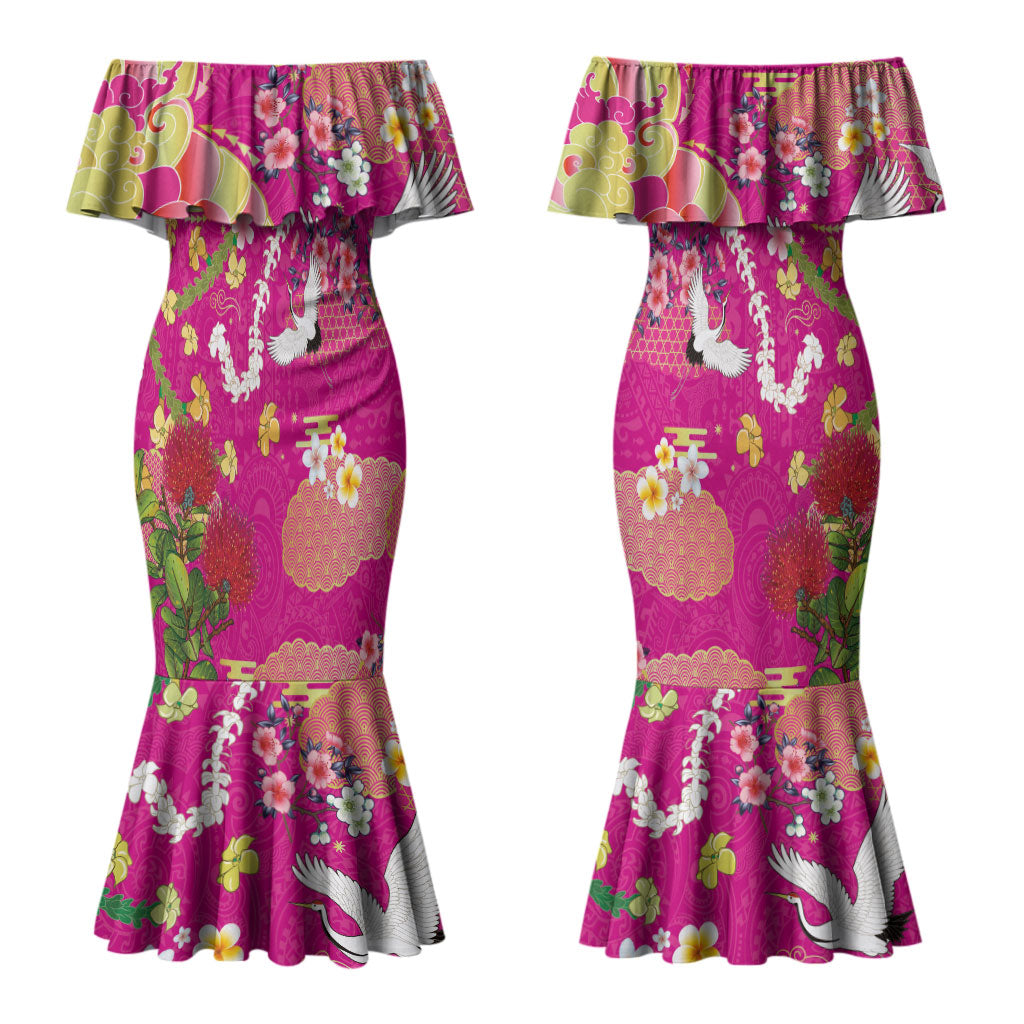 Hawaiian and Japanese Culture Together Couples Matching Mermaid Dress and Long Sleeve Button Shirt Kakau Tribal Pattern and Irezumi Art Pink Color