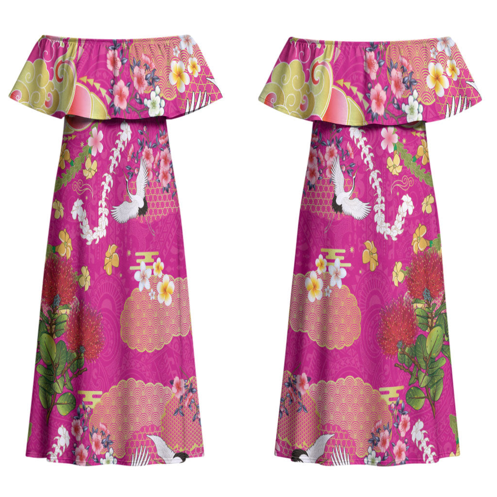 Hawaiian and Japanese Culture Together Couples Matching Off Shoulder Maxi Dress and Hawaiian Shirt Kakau Tribal Pattern and Irezumi Art Pink Color