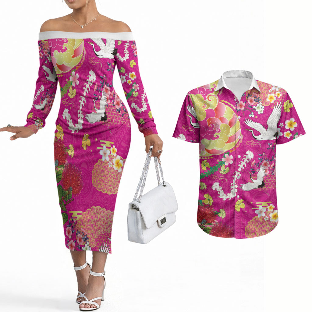 Hawaiian and Japanese Culture Together Couples Matching Off The Shoulder Long Sleeve Dress and Hawaiian Shirt Kakau Tribal Pattern and Irezumi Art Pink Color LT03 Pink - Polynesian Pride