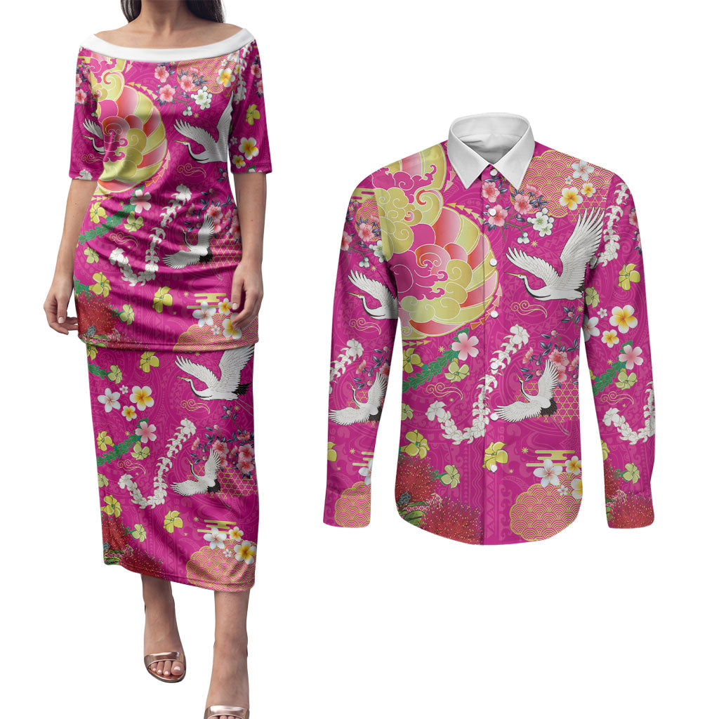 Hawaiian and Japanese Culture Together Couples Matching Puletasi and Long Sleeve Button Shirt Kakau Tribal Pattern and Irezumi Art Pink Color
