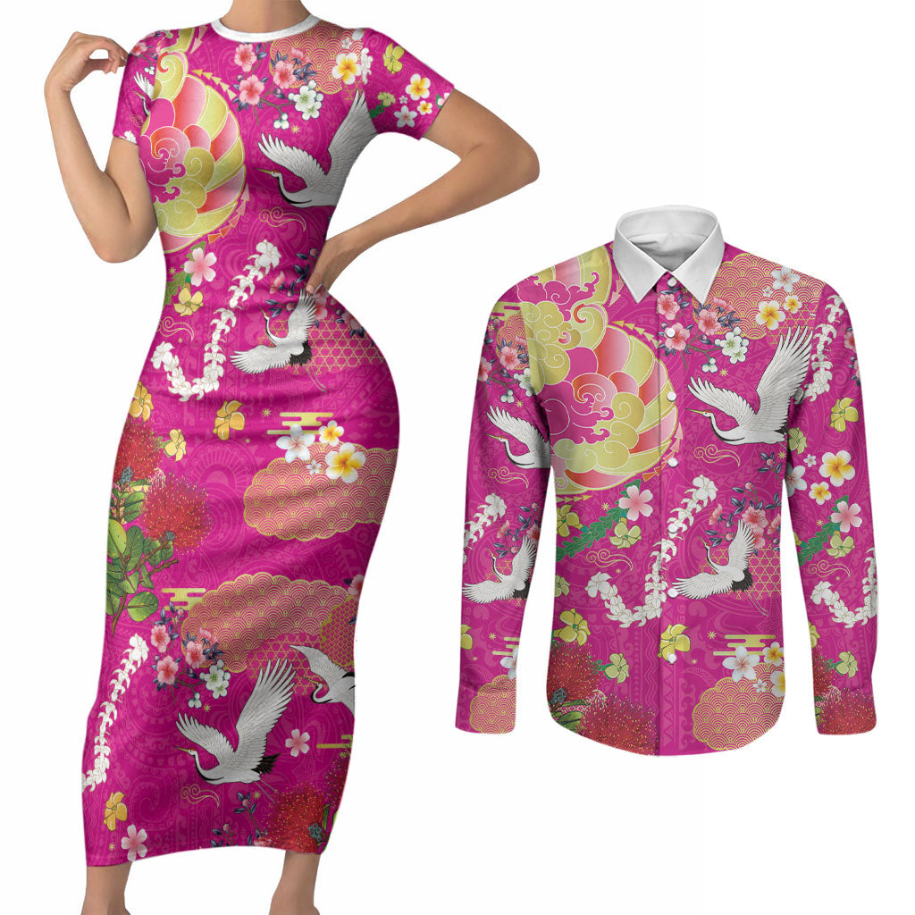 Hawaiian and Japanese Culture Together Couples Matching Short Sleeve Bodycon Dress and Long Sleeve Button Shirt Kakau Tribal Pattern and Irezumi Art Pink Color LT03 Pink - Polynesian Pride
