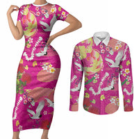 Hawaiian and Japanese Culture Together Couples Matching Short Sleeve Bodycon Dress and Long Sleeve Button Shirt Kakau Tribal Pattern and Irezumi Art Pink Color