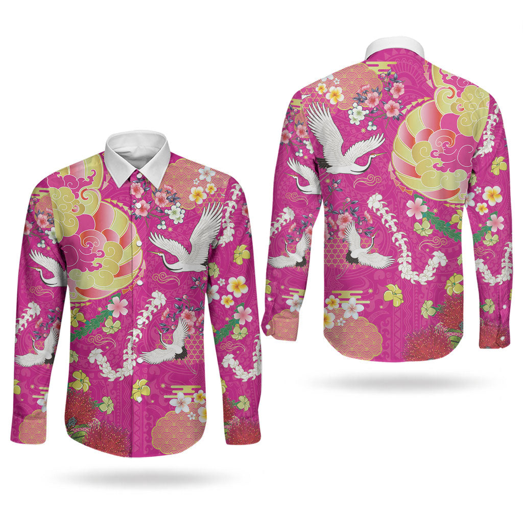 Hawaiian and Japanese Culture Together Couples Matching Short Sleeve Bodycon Dress and Long Sleeve Button Shirt Kakau Tribal Pattern and Irezumi Art Pink Color