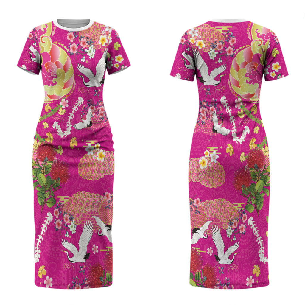 Hawaiian and Japanese Culture Together Couples Matching Short Sleeve Bodycon Dress and Long Sleeve Button Shirt Kakau Tribal Pattern and Irezumi Art Pink Color