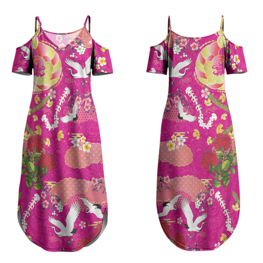 Hawaiian and Japanese Culture Together Couples Matching Summer Maxi Dress and Hawaiian Shirt Kakau Tribal Pattern and Irezumi Art Pink Color