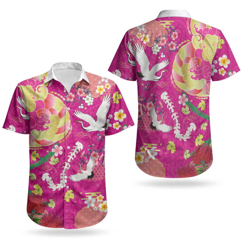 Hawaiian and Japanese Culture Together Couples Matching Tank Maxi Dress and Hawaiian Shirt Kakau Tribal Pattern and Irezumi Art Pink Color