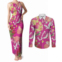 Hawaiian and Japanese Culture Together Couples Matching Tank Maxi Dress and Long Sleeve Button Shirt Kakau Tribal Pattern and Irezumi Art Pink Color