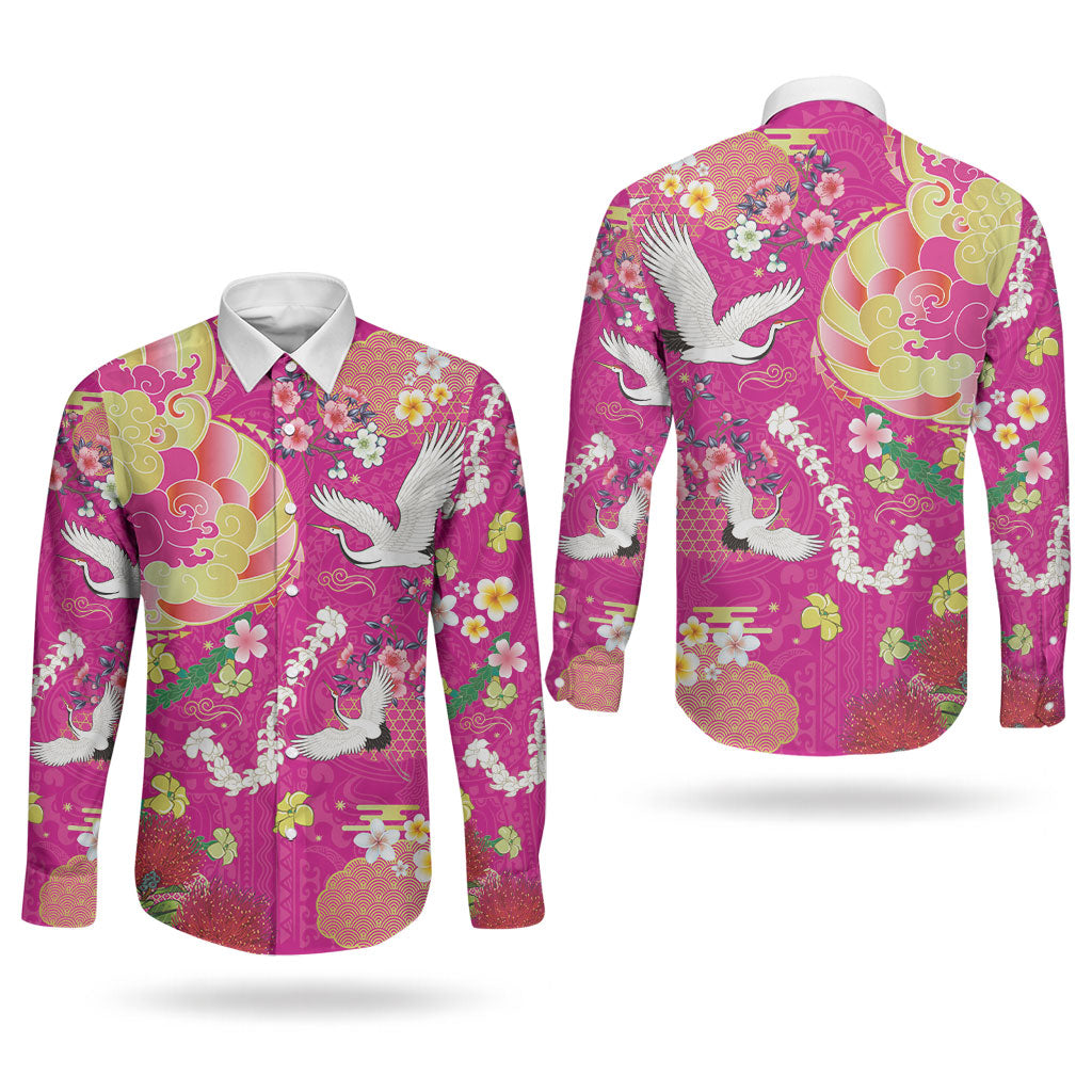 Hawaiian and Japanese Culture Together Couples Matching Tank Maxi Dress and Long Sleeve Button Shirt Kakau Tribal Pattern and Irezumi Art Pink Color