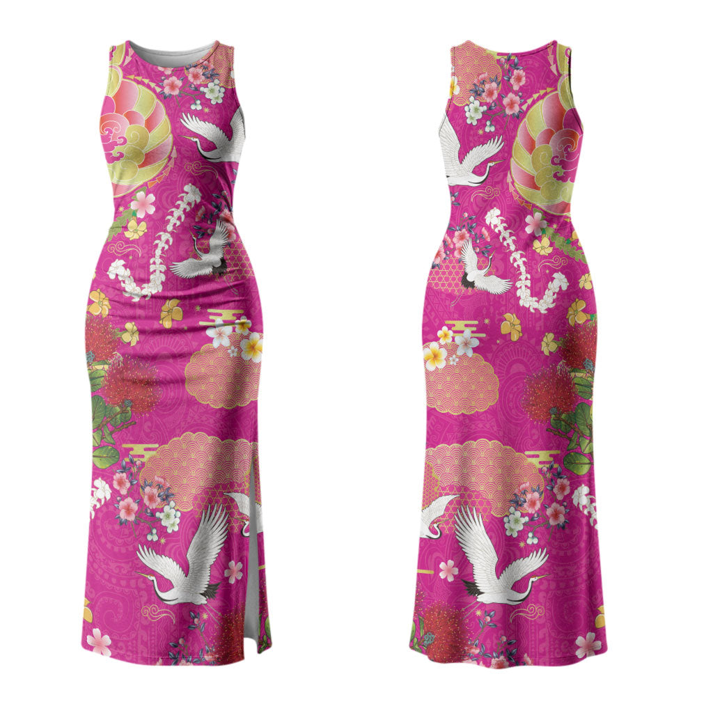 Hawaiian and Japanese Culture Together Couples Matching Tank Maxi Dress and Long Sleeve Button Shirt Kakau Tribal Pattern and Irezumi Art Pink Color