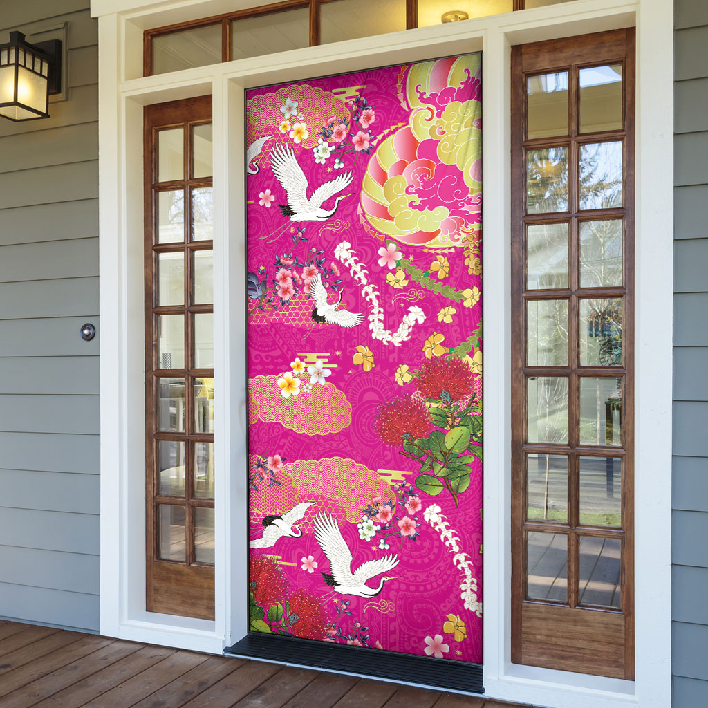 Hawaiian and Japanese Culture Together Door Cover Kakau Tribal Pattern and Irezumi Art Pink Color
