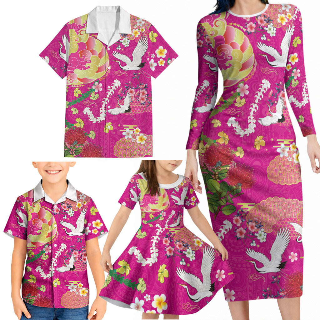 Hawaiian and Japanese Culture Together Family Matching Long Sleeve Bodycon Dress and Hawaiian Shirt Kakau Tribal Pattern and Irezumi Art Pink Color